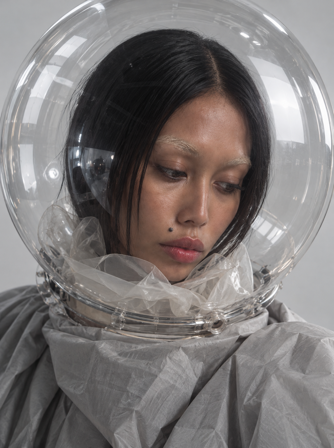 Contemplative portrait in a translucent bubble helmet
