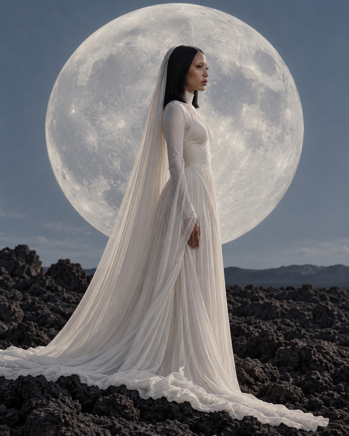 Portrait draped in a moonlit translucent veil among dark volcanic rocks