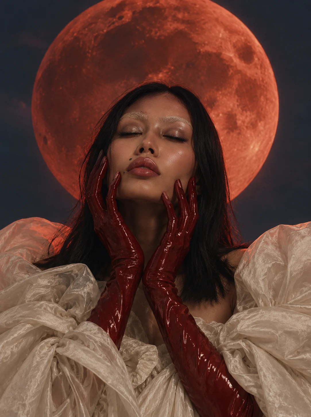 Conceptual portrait with a vivid red moon, cream sculptural fabric and crimson hands
