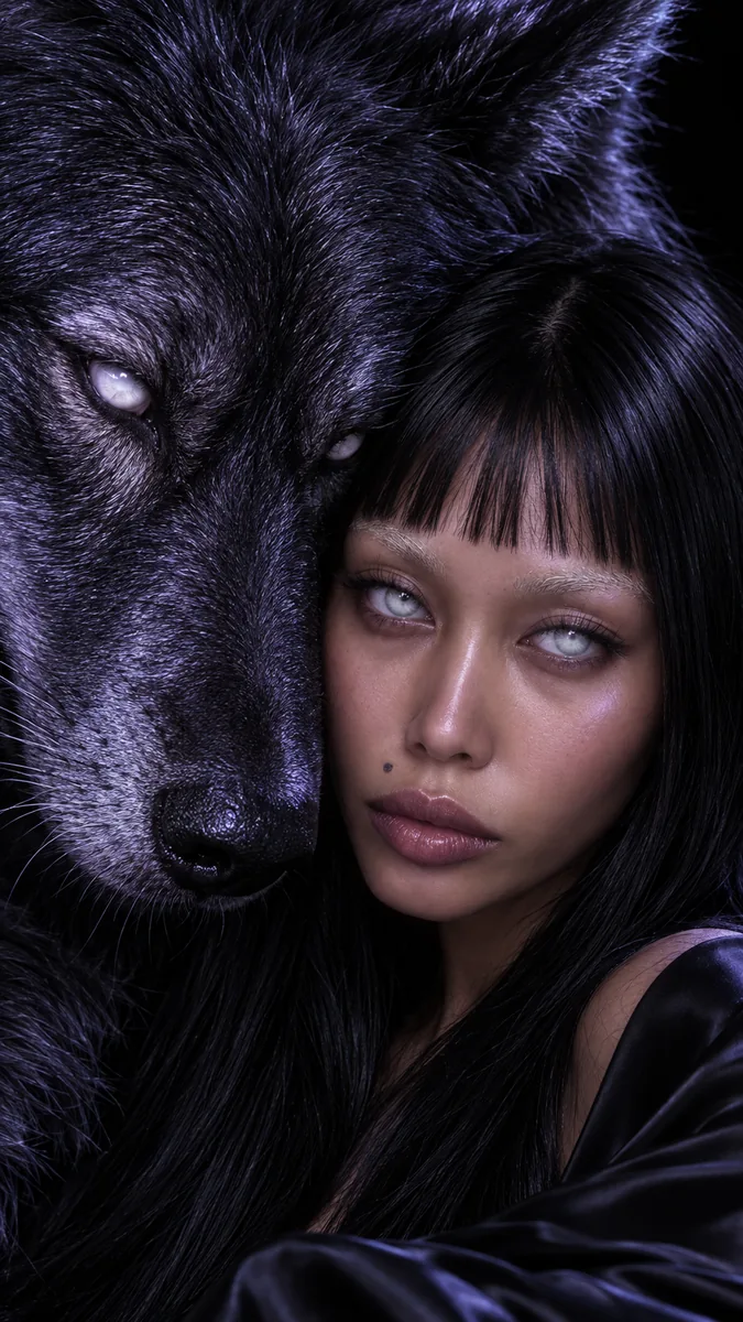 Woman in a surreal portrait beside a white wolf, symbolizing the Latin word lupus