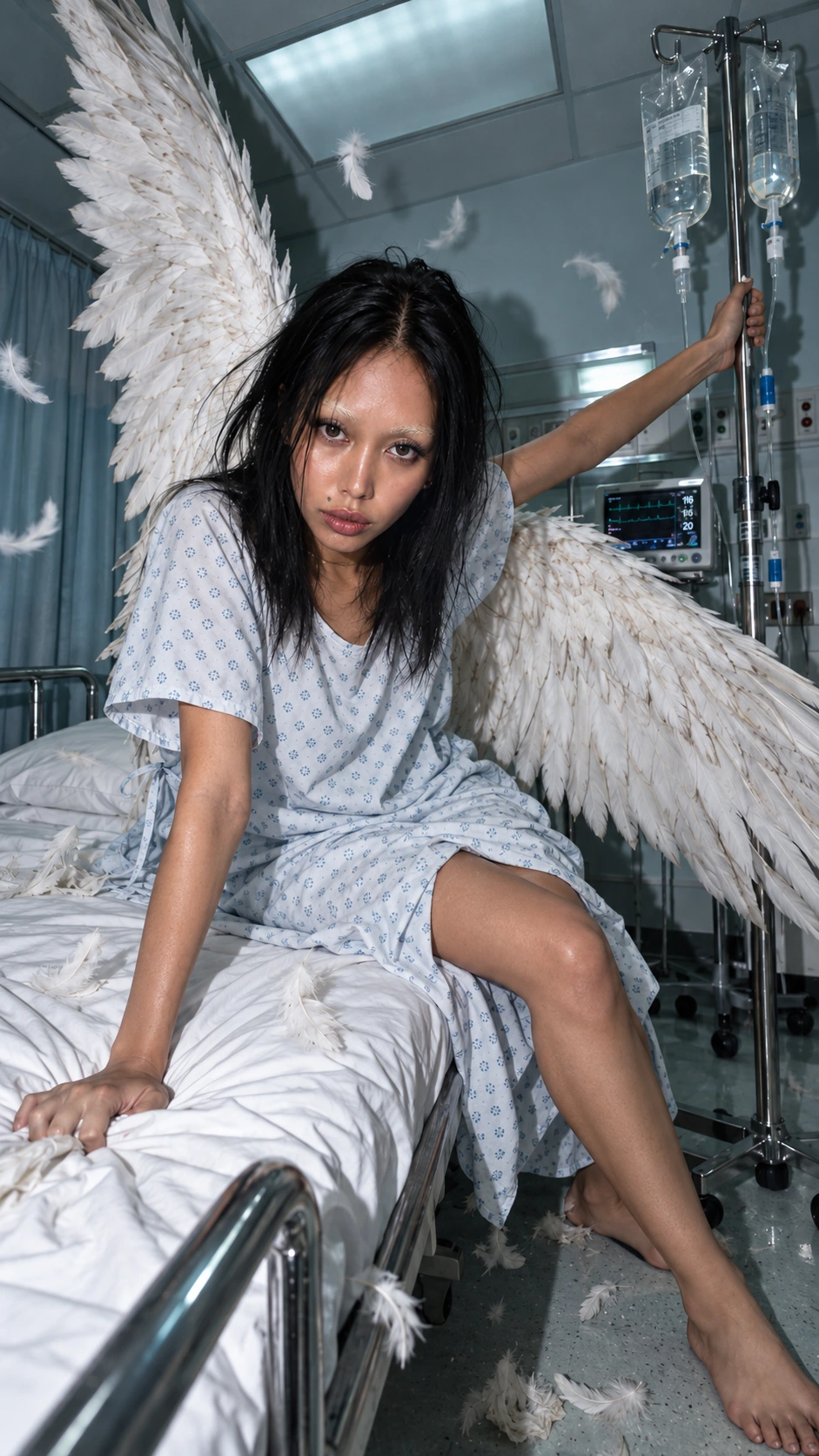 Conceptual self-portrait as a fallen angel in a hospital ward, with white feathered wings