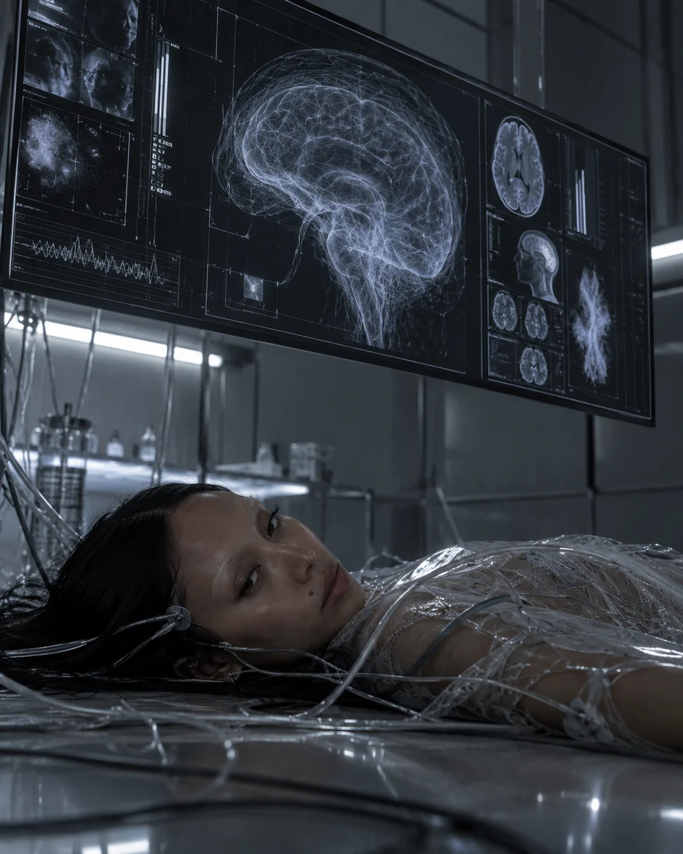 Conceptual portrait in a dystopian neural scanning laboratory
