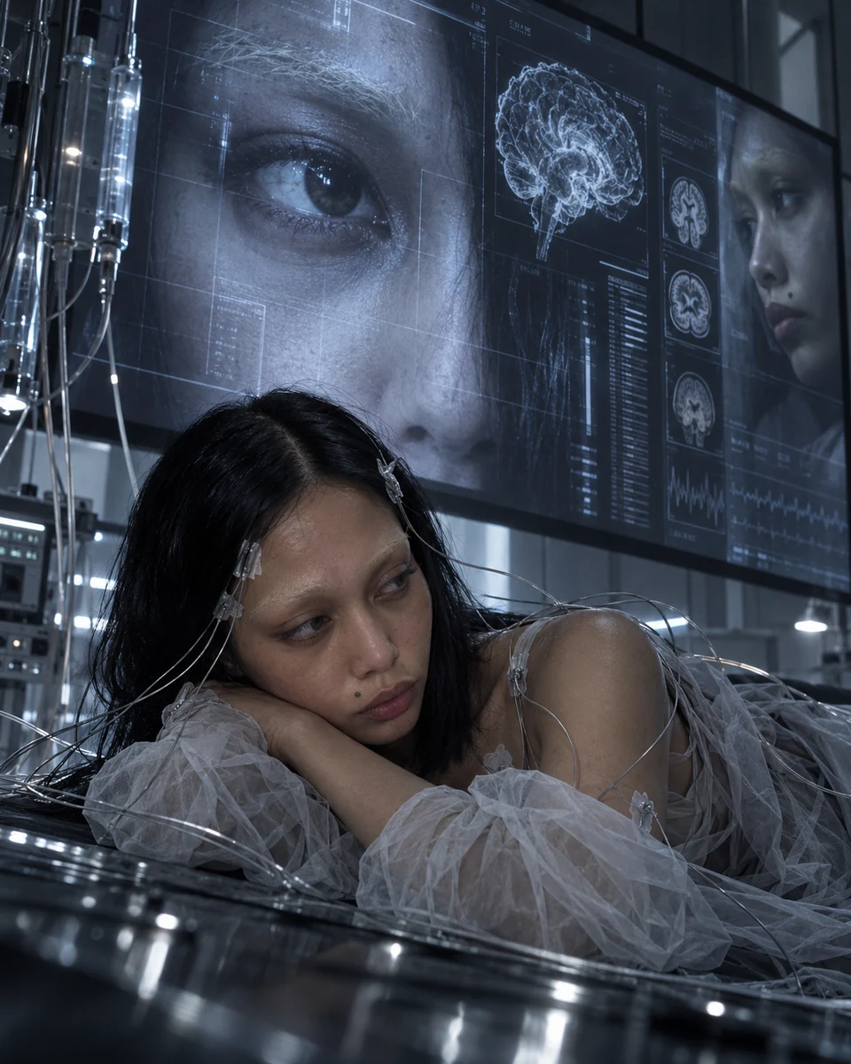 Conceptual portrait of the patient beside a brain scan in a clinical observation chamber